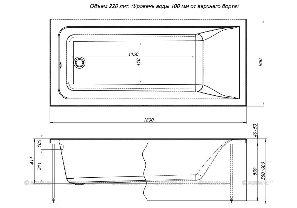 Акриловая ванна Aquanet Bright (Брайт) 180x80 с гидромассажем