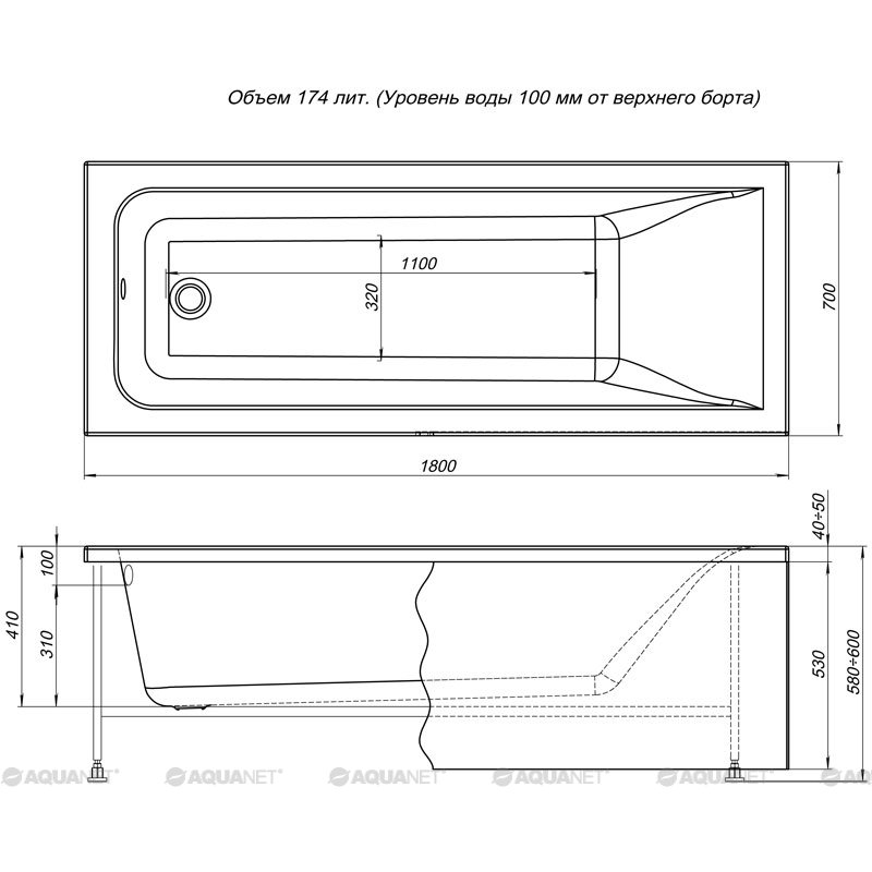 Акриловая ванна Aquanet Bright (Брайт) 180x70 с гидромассажем